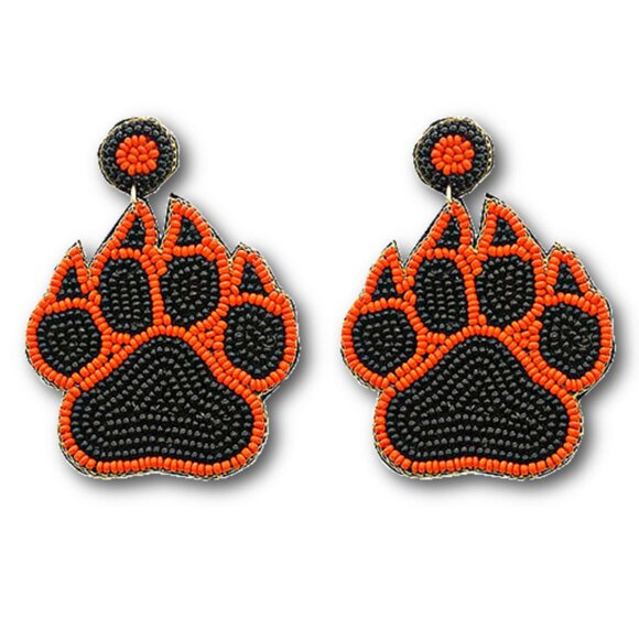 Black Orange Large Seed Beaded Paw Earrings - Picture 1 of 2